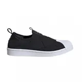 Zapatillas slip-on de estilo casual, con parte superior negra y puntera blanca.