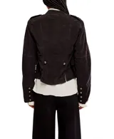 Chaqueta negra de estilo militar, corte cropped y cuello mao, con doble botonadura de botones metálicos plateados.