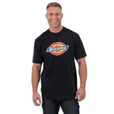 Remera negra de manga corta con logo Dickies tricolor estampado en el pecho.