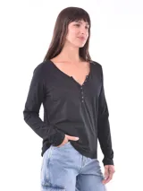 Remera negra de mangas largas con escote en V y botones.