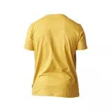 Remera amarilla de manga corta con cuello redondo y estampado frontal con el logo de Billabong con olas y hojas de palmera en azul y blanco.