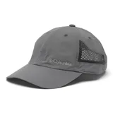 Gorra gris de nailon con logo de Columbia bordado en el frente y paneles de malla en los laterales.