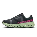 Championes de running On Cloudsurfer Next, color negro con detalles en verde y rosa.