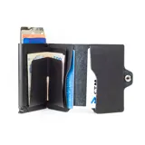 Billetera negra de cuero con caja de aluminio incorporada con sistema de deslizamiento para tarjetas, protección RFID, espacio para 5 tarjetas, sección para hasta 7 billetes y espacio adicional para libreta de propiedad y de conducir.