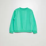 Buzo de felpa perchada liso color verde agua, de corte clásico con cuello redondo y mangas largas.