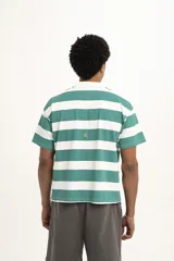 Remera estilo rugby a rayas horizontales verdes y blancas, con cuello blanco tipo polo y mangas cortas. Tiene un logo bordado en el pecho.
