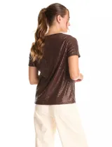 Blusa de lentejuelas color verde oscuro, marca Ninety, con escote a la base, manga corta y forro interno a tono.