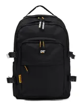 Mochila negra con dos compartimentos principales y un bolsillo frontal con cremallera. Presenta correas de compresión laterales con hebillas plásticas y correas ajustables para los hombros con acolchado Airmesh. Incluye un bolsillo interior acolchado para laptop y un asa superior. El logo CAT está centrado en el bolsillo frontal.