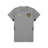 Remera deportiva Puma Cap Evostripe Tee, color gris con logo amarillo en el pecho y escudo del Club Atlético Peñarol.