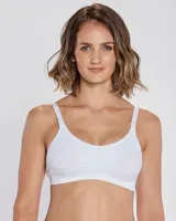 Soutien maternal de microfibra color blanco, sin costuras, sin aro ni copa, con breteles regulables y broches desmontables para amamantar.