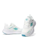 Championes deportivos Umbro modelo Dash W, color blanco con detalles en turquesa. Presentan un diseño de running con suela gruesa y logo Umbro en el lateral.