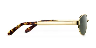 Lentes de sol ovalados con montura delgada dorada y patillas gruesas con estampado carey. Lentes polarizadas verdes con protección UV400.