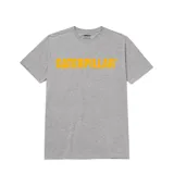 Remera gris de manga corta con el logo de Caterpillar estampado en el pecho.