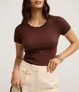 Blusa de algodón con textura acanalada en color blanco, de manga corta y cuello redondo. Presenta un acabado ondulado tipo festón con borde contrastante en color negro tanto en el cuello como en los puños de las mangas.