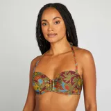Sujetador de bikini con estampado de flores en tonos azul, verde, amarillo y marrón.