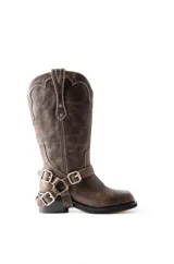 Bota texana marrón de cuero con estribo y detalles de costuras en color crudo.