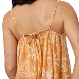 Vestido corto color naranja con estampado de motivos playeros en blanco, de tirantes finos y escote recto con detalle de lazo.