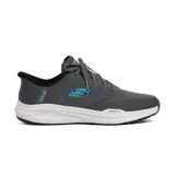 Championes Skechers Equalizer 6.0 Royze, color gris con detalles en azul y suela blanca.