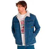 Chaqueta de denim azul con forro de sherpa color crema, cierre con botones metálicos, bolsillos superiores con broche metálico, bolsillos inferiores tipo Welt y puños con cierre sin marca.