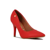 Zapato de tacón alto Vizzano, color blanco, con punta fina y detalle de logo dorado en el lateral.