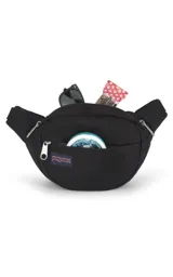 Riñonera Jansport modelo Fifth Avenue, color azul claro, con cierre principal y bolsillo frontal con cierre.