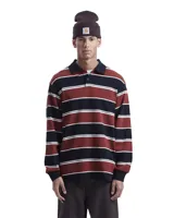 Camisa de rugby de manga larga con cuello polo, confeccionada en tejido de punto a rayas horizontales anchas en tonos rojo oscuro, azul marino y blanco.