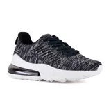 Zapatillas deportivas de diseño moderno, con parte superior de tejido en colores gris y negro, y suela blanca con sistema de amortiguación.