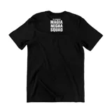 Remera azul marino de algodón con estampa circular en el frente que incluye un cráneo, una hoja de marihuana y la inscripción "Emexem".
