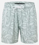 Bermuda de baño masculina en microfibra, color gris claro con estampado de hojas en tono más claro. Presenta cintura elástica con cordón ajustable negro y bolsillos laterales.