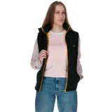 Chaleco negro acolchado para mujer, con logo de Cat en el pecho, bolsillos inferiores con cierre, diseño reflectante en la espalda, cordones ajustables en el dobladillo y bolsillos interiores de malla.
