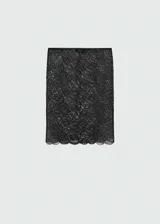 Falda midi negra de encaje floral, corte recto y cintura elástica.