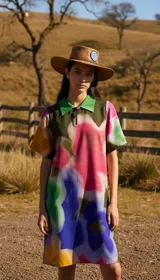 Vestido camisero de corte recto con cuello polo y estampado artístico con motivos florales en tonos verde, rosa, azul y amarillo.