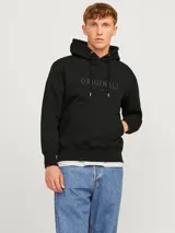 Canguro negro de manga larga con capucha y cordones ajustables. Estampado en el pecho con la palabra "ORIGINALS" y el logo de Jack & Jones.