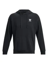 Buzo negro con capucha de la colección Project Rock de Under Armour. Tiene un logo pequeño con el toro característico de la marca en el pecho y un bolsillo tipo canguro en la parte delantera.