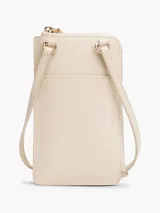 Cartera para móvil Tommy Hilfiger color beige con correa ajustable, cierre de cremallera, bolsillo exterior para el móvil, bolsillo interior con cremallera y múltiples ranuras interiores para tarjetas.