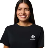 Remera blanca de algodón orgánico con cuello redondo y logo de Columbia estampado en el pecho.