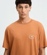 Remera masculina color marrón, de corte comfort, con cuello redondo y mangas cortas. Presenta un estampado de letras "Travelers" en el pecho y la espalda.