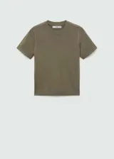 Buzo color verde oliva de tejido de punto fino, con cuello redondo y mangas cortas.