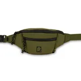 Riñonera verde militar con dos compartimentos con cierre de cremallera y correa ajustable con hebilla.