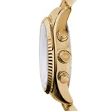 Reloj Michael Kors modelo Lexington dorado con cronógrafo, caja de 38 mm, cristal mineral resistente, cierre desplegable y resistencia al agua hasta 100 metros.