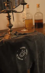 Remera gris de manga corta con cuello redondo y calce oversize. Estampa frontal con el diseño de la carta del tarot 'El Loco'.