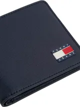 Billetera plegable Tommy Jeans color azul marino, confeccionada en cuero y poliéster, con logo de la marca en el frente.