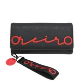 Billetera negra con textura granulada y logo de la marca en rojo. Incluye correa de mano con el logo de la marca.