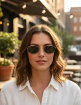 Lentes de sol rectangulares con armazón dorado de acero inoxidable y lentes polarizados verdes.