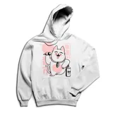 Canguro blanco con capucha y cordones ajustables, con bolsillo tipo canguro y puños y cintura acanalados. Estampado frontal de un gato de la suerte japonés (Maneki Neko) con detalles en rosa.