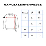 Buzo negro de tela gamuzada con cuello redondo, puños y cintura acanalados. Estampado frontal con una letra F estilizada y la frase "Masterpiece Cool".