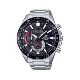 Reloj Casio Edifice plateado con esfera negra, detalles en rojo y correa de acero inoxidable.