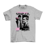 Remera gris con estampa de la película Fight Club, con los personajes Tyler Durden y Marla Singer, y la leyenda "Soap Co."