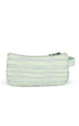 Cartuchera rectangular con cierre superior, asa lateral y estampado a rayas horizontales en tonos verde agua, celeste y blanco. Logo de la marca JanSport en el frente.