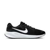 Championes de running Nike Revolution 7 negros con suela blanca y logo blanco en el lateral.